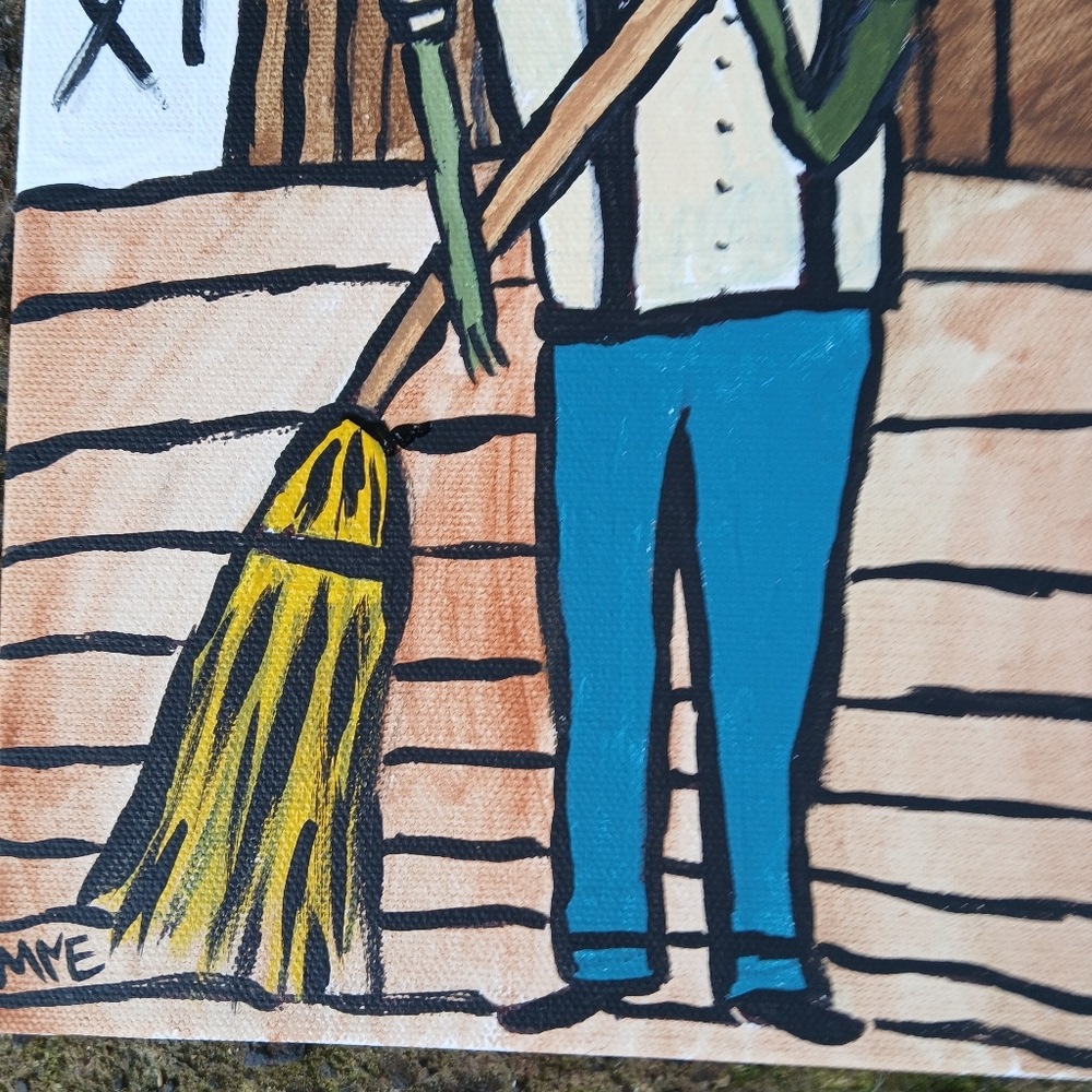 Frog Sweeping Porch Painting Folk Art Original - Picture 3 of 10